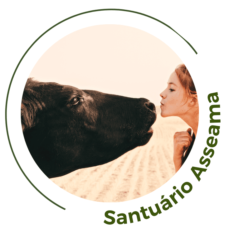 Imagem com uma mulher beijando uma vaca no nariz com o texto Santuário ASSEAMA